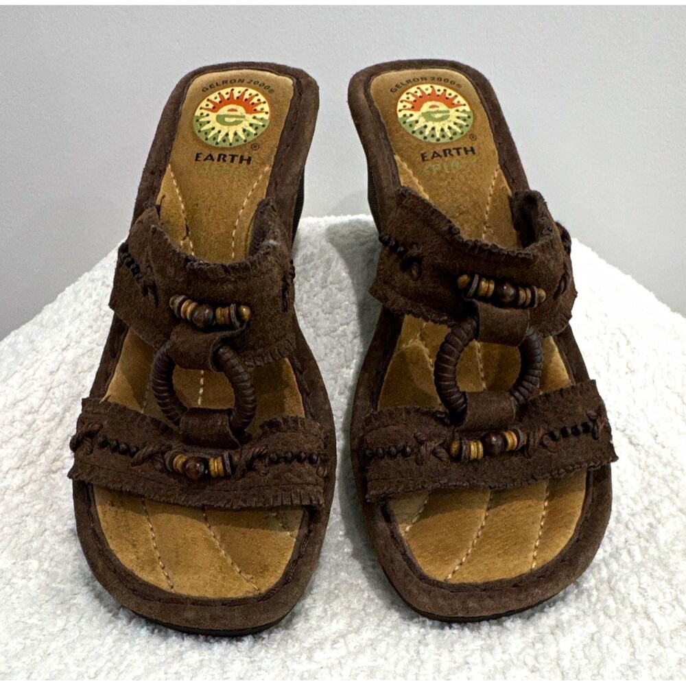 Earth Spirit Brown Leather Beaded Wedge Slide Sandals Women US 6 EU 37.5